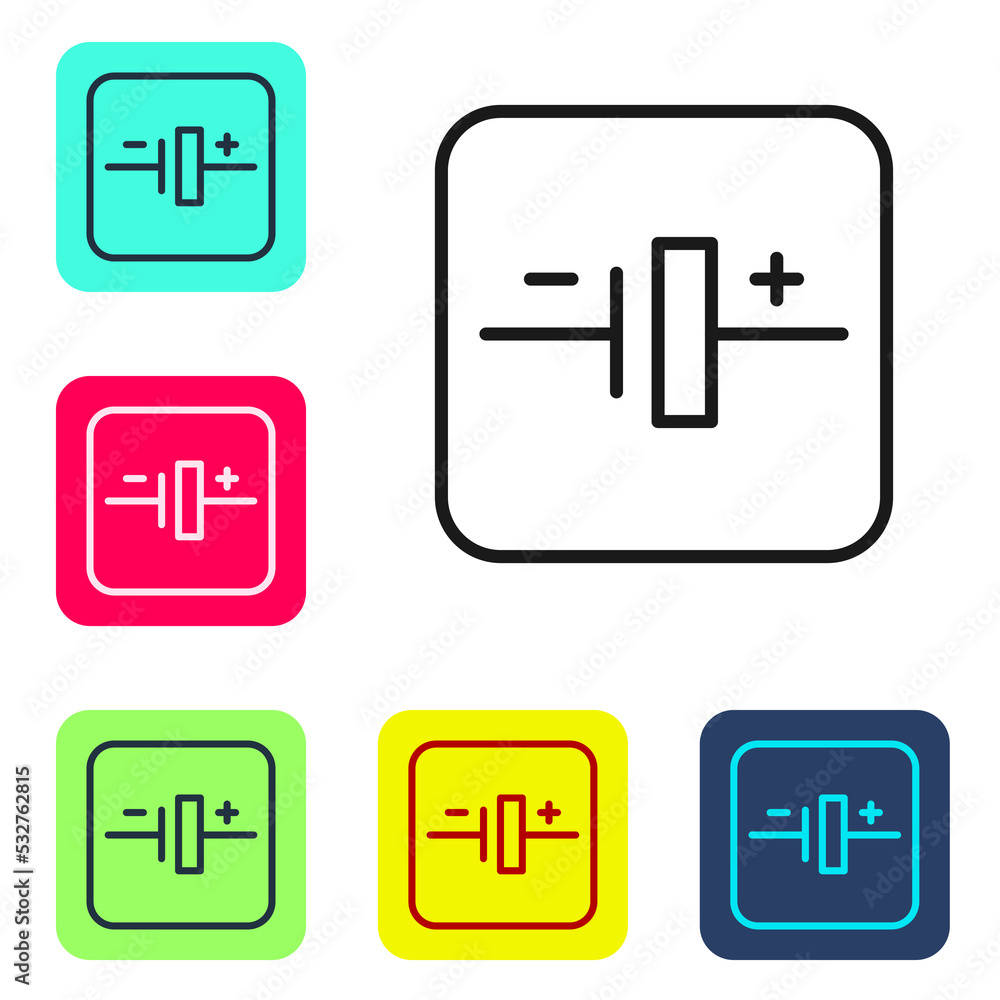 Poster black line dc voltage source icon isolated on white background. set icons in color square buttons. v