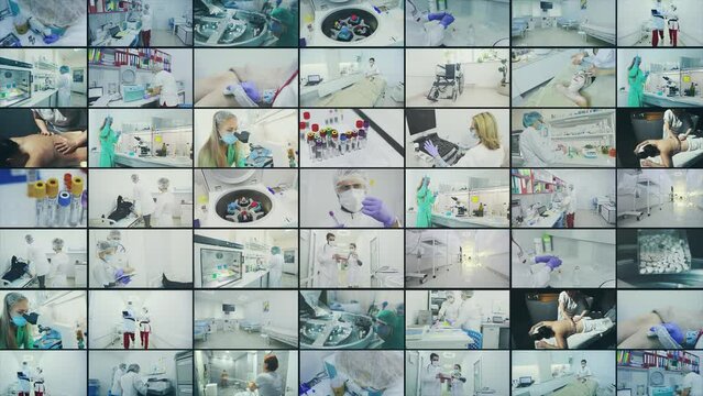 Work in a modern hospital, split screen. Modern clinic video wall. hospital multi screen collage