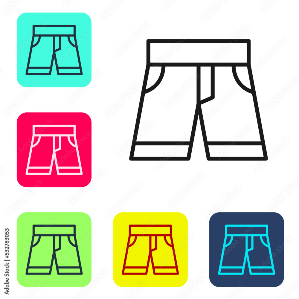 Poster black line short or pants icon isolated on white background. set icons in color square buttons. vect
