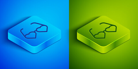 Isometric line Heart shaped love glasses icon isolated on blue and green background. Suitable for Valentine day card design. Square button. Vector