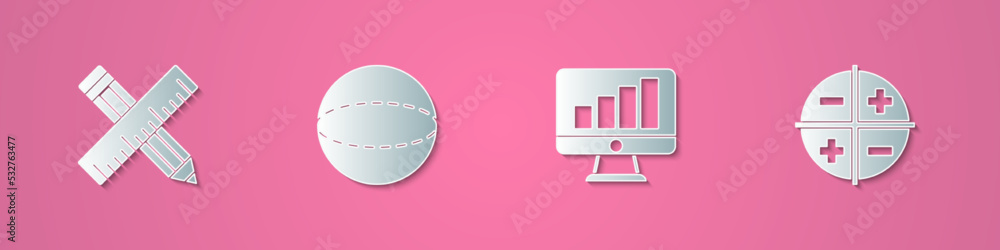 Poster set paper cut crossed ruler and pencil, geometric figure sphere, computer monitor with graph chart a
