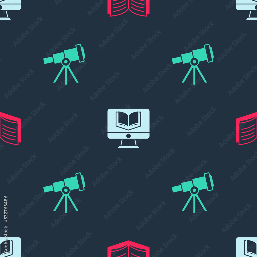 Poster set open book, online class and telescope on seamless pattern. vector