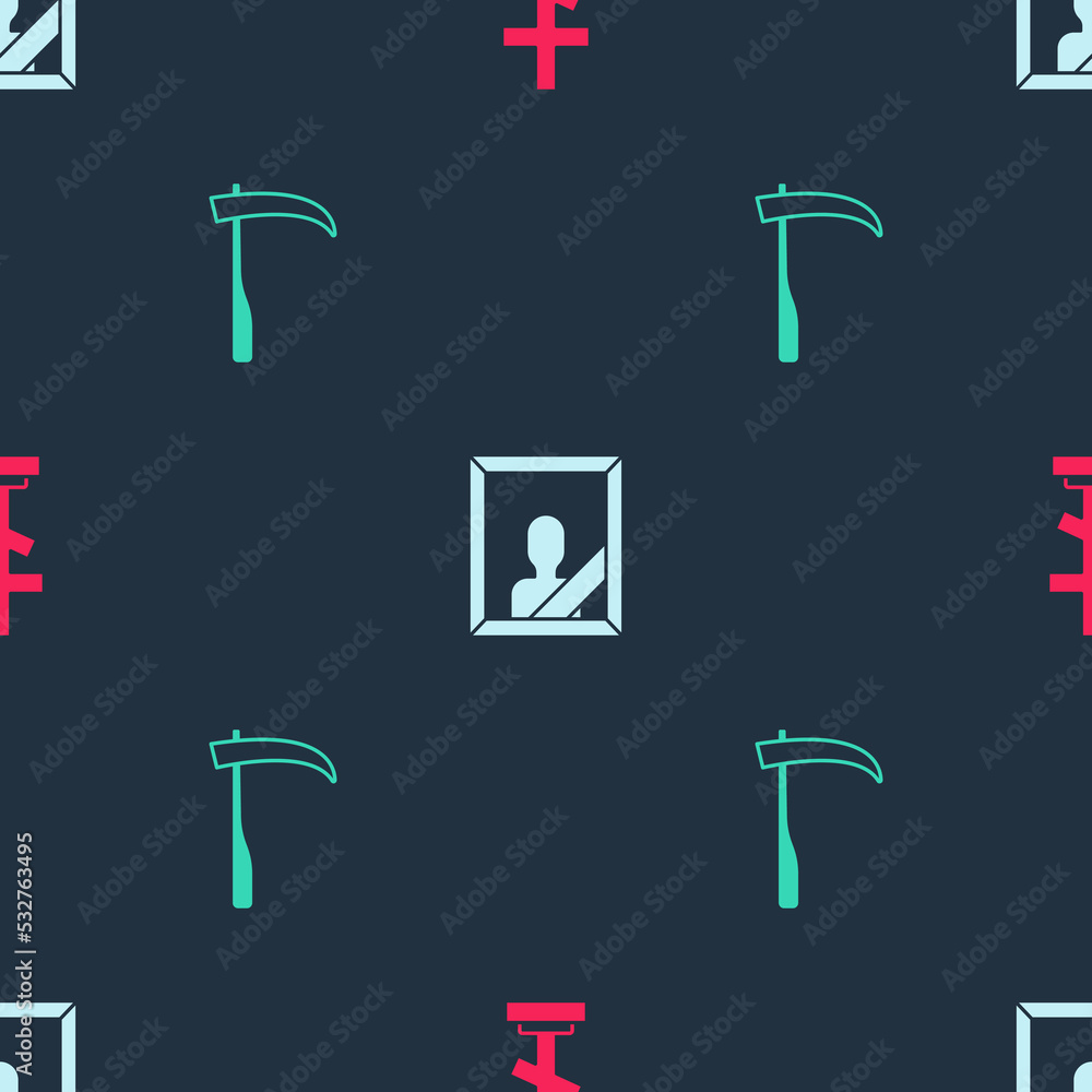 Poster set grave with cross, mourning photo frame and scythe on seamless pattern. vector