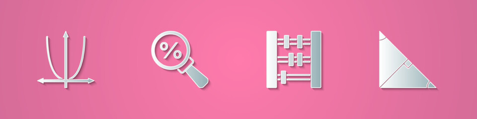 Set paper cut Graph, schedule, chart, diagram, Magnifying glass with percent, Abacus and Angle bisector of triangle icon. Paper art style. Vector