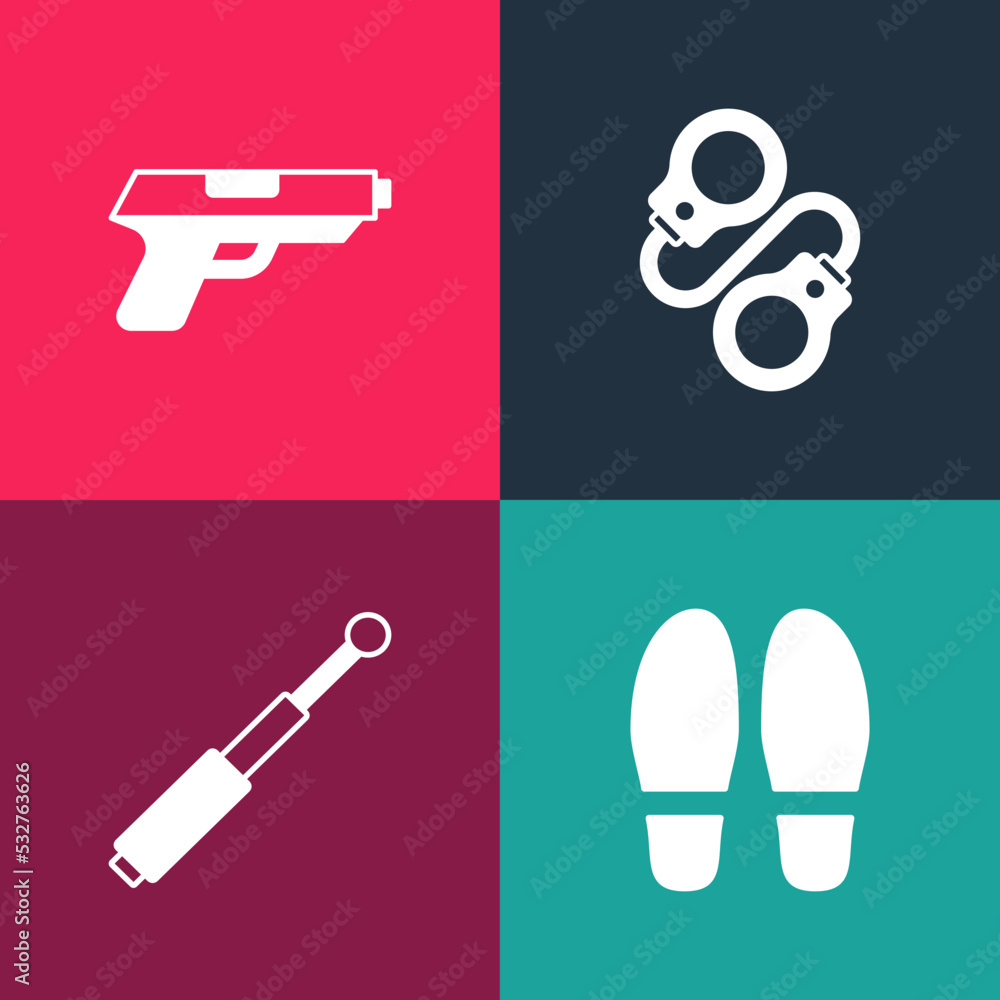 Wall mural set pop art footsteps, telescopic baton, handcuffs and pistol or gun icon. vector