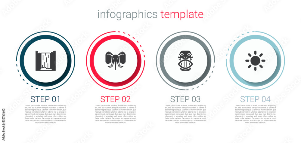 Sticker set waterfall, elephant, mexican mayan or aztec mask and sun. business infographic template. vector