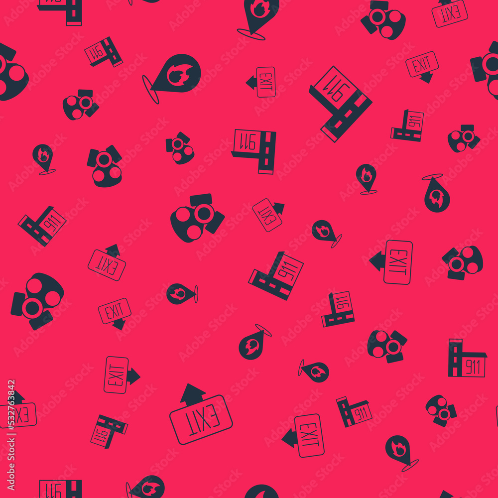 Poster set fire exit, location with fire flame, gas mask and building of station on seamless pattern. vecto