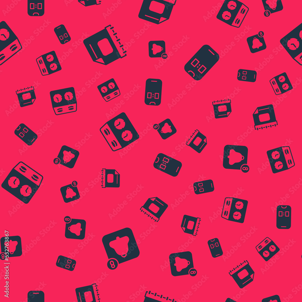 Poster set alarm clock app mobile, calendar, time chess and on seamless pattern. vector