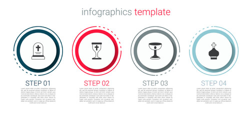 Set Grave with tombstone, Christian chalice, and church tower. Business infographic template. Vector