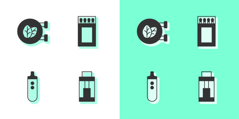 Set Vape mod device, Tobacco leaf shop, Electronic cigarette and Matchbox and matches icon. Vector