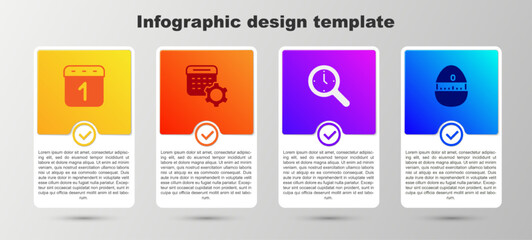 Set Calendar, settings, Magnifying glass with clock and Kitchen timer. Business infographic template. Vector