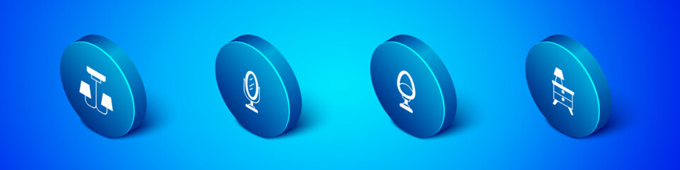 Set Isometric Chandelier, Armchair, Nightstand with lamp and Mirror icon. Vector