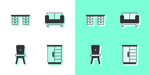 Set Wardrobe, Office desk, Chair and Sofa icon. Vector