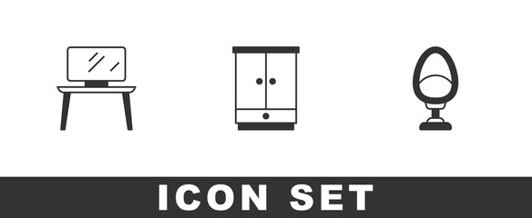 Set TV table stand, Wardrobe and Armchair icon. Vector