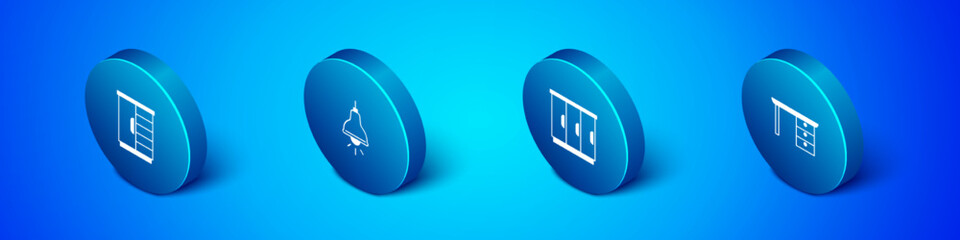 Set Isometric Wardrobe, Office desk and Lamp hanging icon. Vector