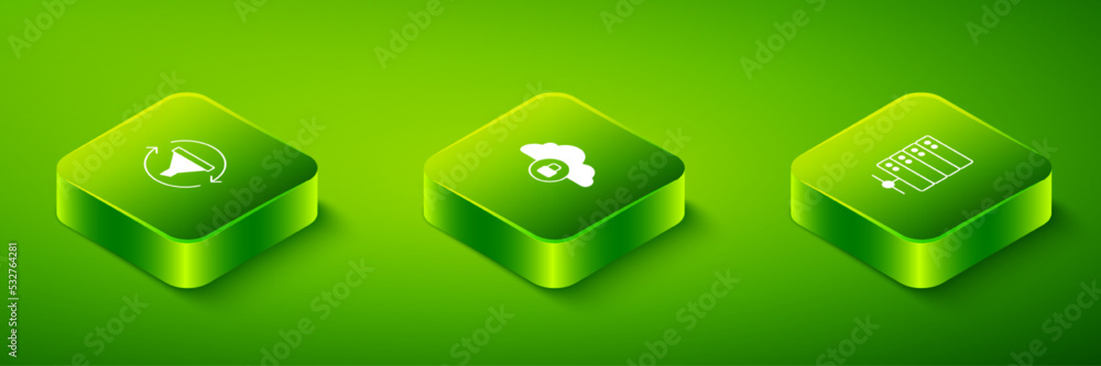 Poster set isometric cloud computing lock, server and sales funnel with chart icon. vector