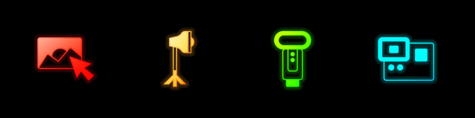 Set Photo retouching, Studio light bulb softbox, camera flash and Action extreme icon. Vector