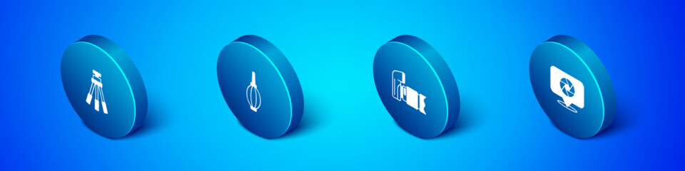 Set Isometric Tripod, Photo camera, Camera shutter and Dust blower icon. Vector