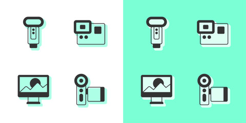 Set Cinema camera, Photo flash, retouching and Action extreme icon. Vector