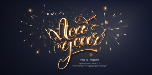 Fototapeta na wymiar Happy new year banner template on dark background. Gold calligraphy lettering greeting card concept