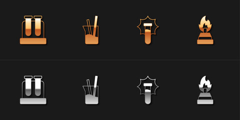 Set Test tube, Laboratory glassware, Explosion in the flask and Alcohol spirit burner icon. Vector
