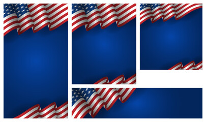 America background, empty template background for greeting, event, national day with blue color and waving usa flag, america copy space background for social media, wallpaper, stories - obrazy, fototapety, plakaty