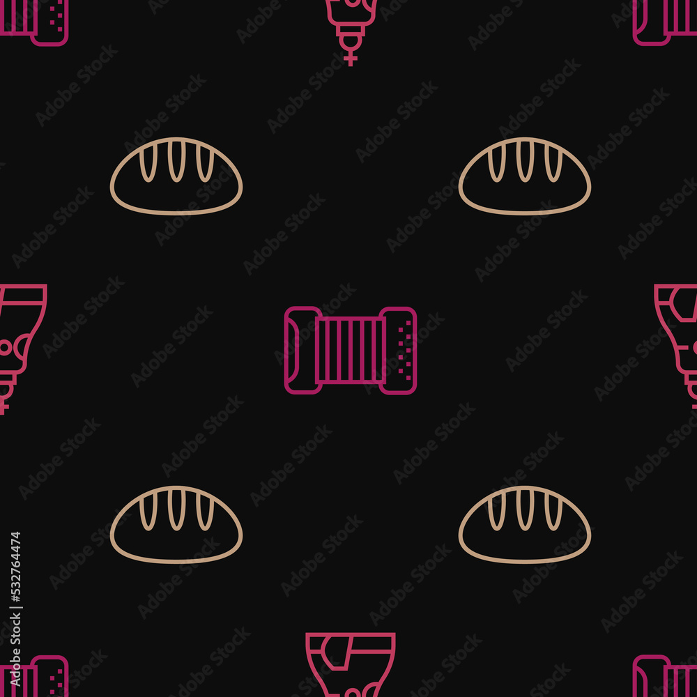 Poster set line the tsar bell, bread loaf and accordion on seamless pattern. vector