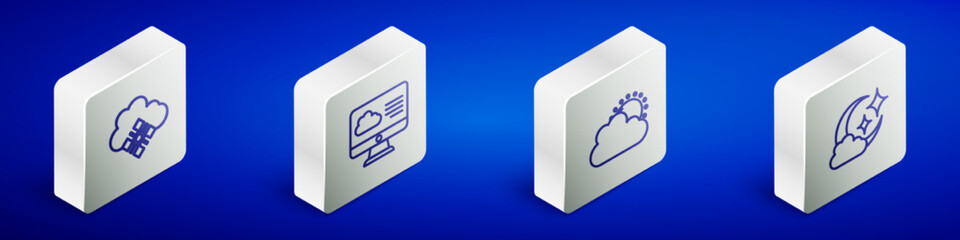 Set Isometric line Cloud with snow, Weather forecast, Sun and cloud weather and moon icon. Vector