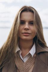 Close up outdoor portrait of young blondie beauty woman. Natural beauty girl