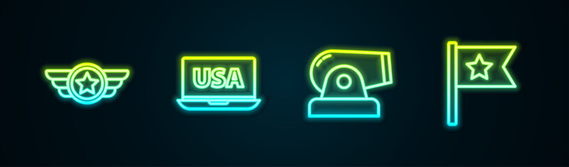 Set line Star American military, USA on laptop, Cannon and flag. Glowing neon icon. Vector