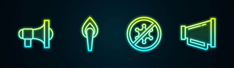 Set line Megaphone, Torch flame, Protest and . Glowing neon icon. Vector