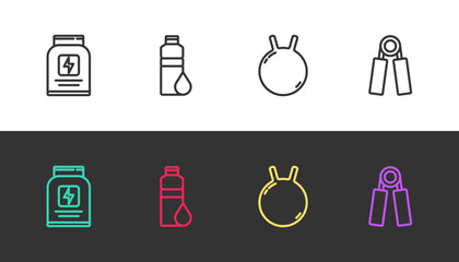 Set line Sports nutrition, Fitness shaker, Kettlebell and expander on black and white. Vector
