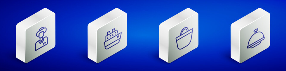 Set Isometric line Tourist, Cruise ship, Beach bag and Covered with tray icon. Vector