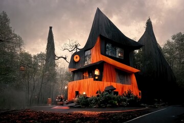 Obraz premium Black and orange house with Halloween theme, 3d render