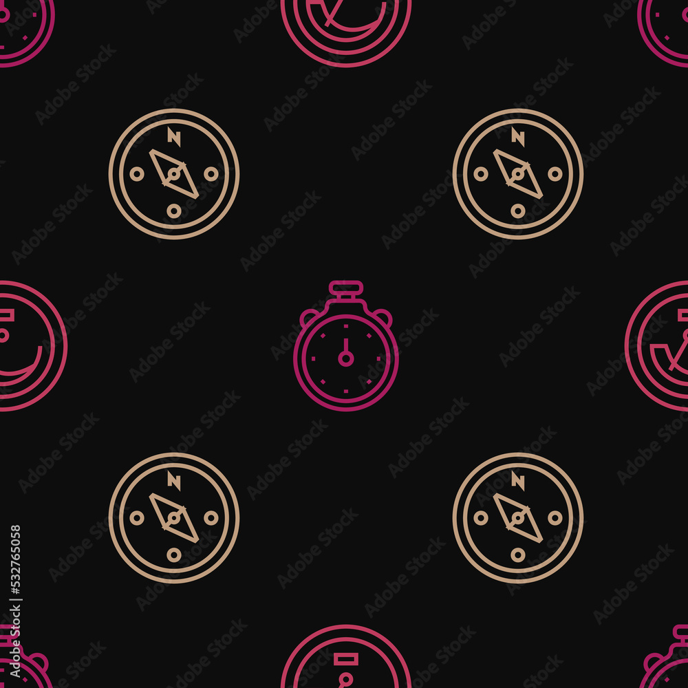 Poster set line speedometer, compass and stopwatch on seamless pattern. vector