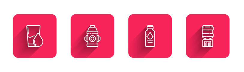 Set line Glass with water, Fire hydrant, Bottle of and Water cooler with long shadow. Red square button. Vector