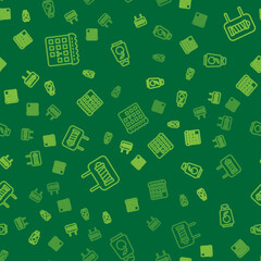 Set line Calendar with haircut day, Barber shop pole and Bottle of shampoo on seamless pattern. Vector