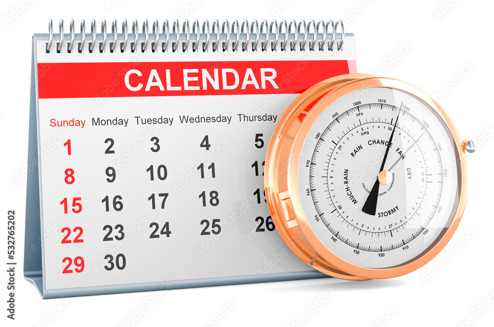 Poster desk calendar with barometer. barometric pressure forecast concept, 3d rendering