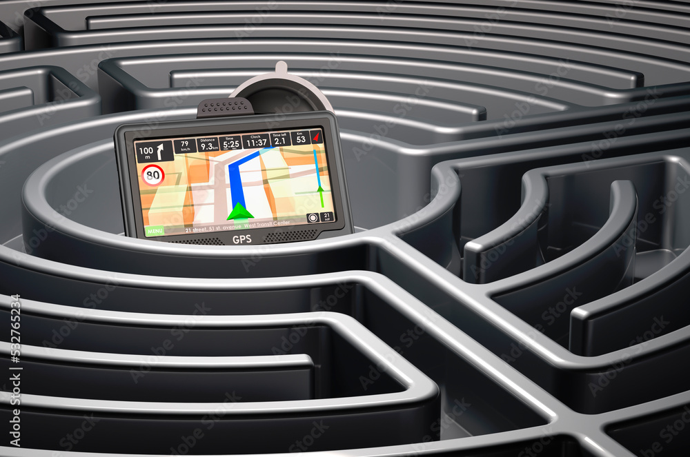 Poster gps receiver inside labyrinth maze. 3d rendering