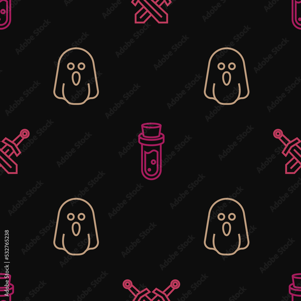 Poster set line crossed medieval sword, ghost and bottle with potion on seamless pattern. vector