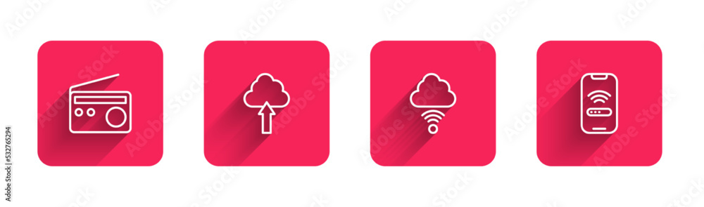 Aufkleber set line radio, cloud upload, network cloud connection and mobile with wi-fi wireless with long shad