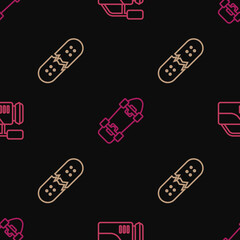 Set line Cinema camera, Broken skateboard deck and Skateboard on seamless pattern. Vector
