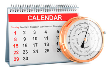 Desk calendar with barometer. Barometric Pressure Forecast concept, 3D rendering