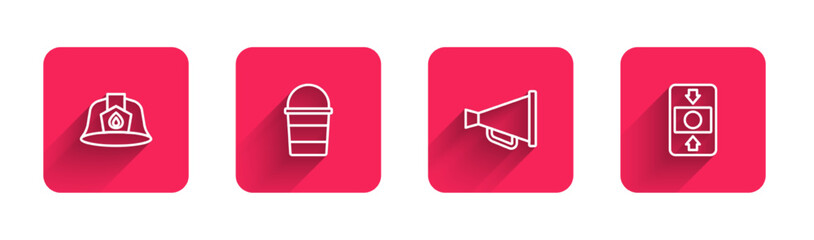 Set line Firefighter helmet, bucket, Megaphone and alarm system with long shadow. Red square button. Vector