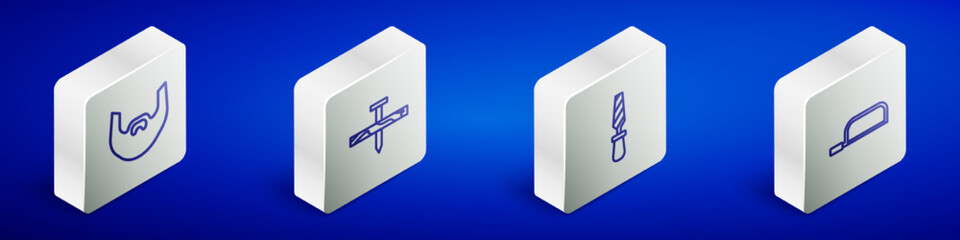 Set Isometric line Mustache and beard, Metallic nail, Rasp metal file and Hacksaw icon. Vector