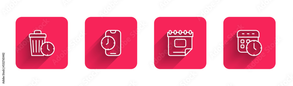 Poster set line waste of time, alarm clock app mobile, calendar and and with long shadow. red square button