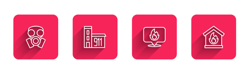 Set line Gas mask, Building of fire station, Location with flame and Fire burning house with long shadow. Red square button. Vector