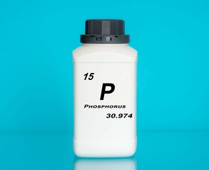 Phosphorus P chemical element in a laboratory plastic container