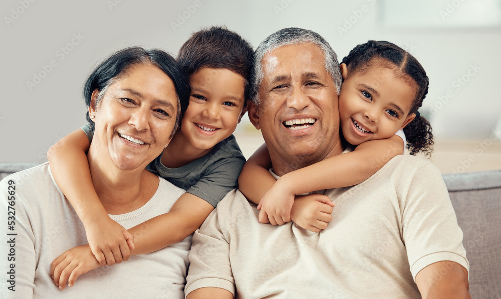 Canvas Prints Grandparents, grandkids and hug portrait of family relax, love and care on lounge sofa at home. Smile, play and happy children, senior grandma and funny elderly grandpa bond together for quality time