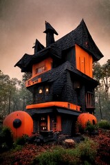 Obraz premium Black and orange house with Halloween theme, 3d render